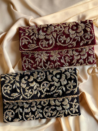 Velvet Beaded Hand-Embroidered Festive Bag with Fixed Shoulder Chain & Dual Closure