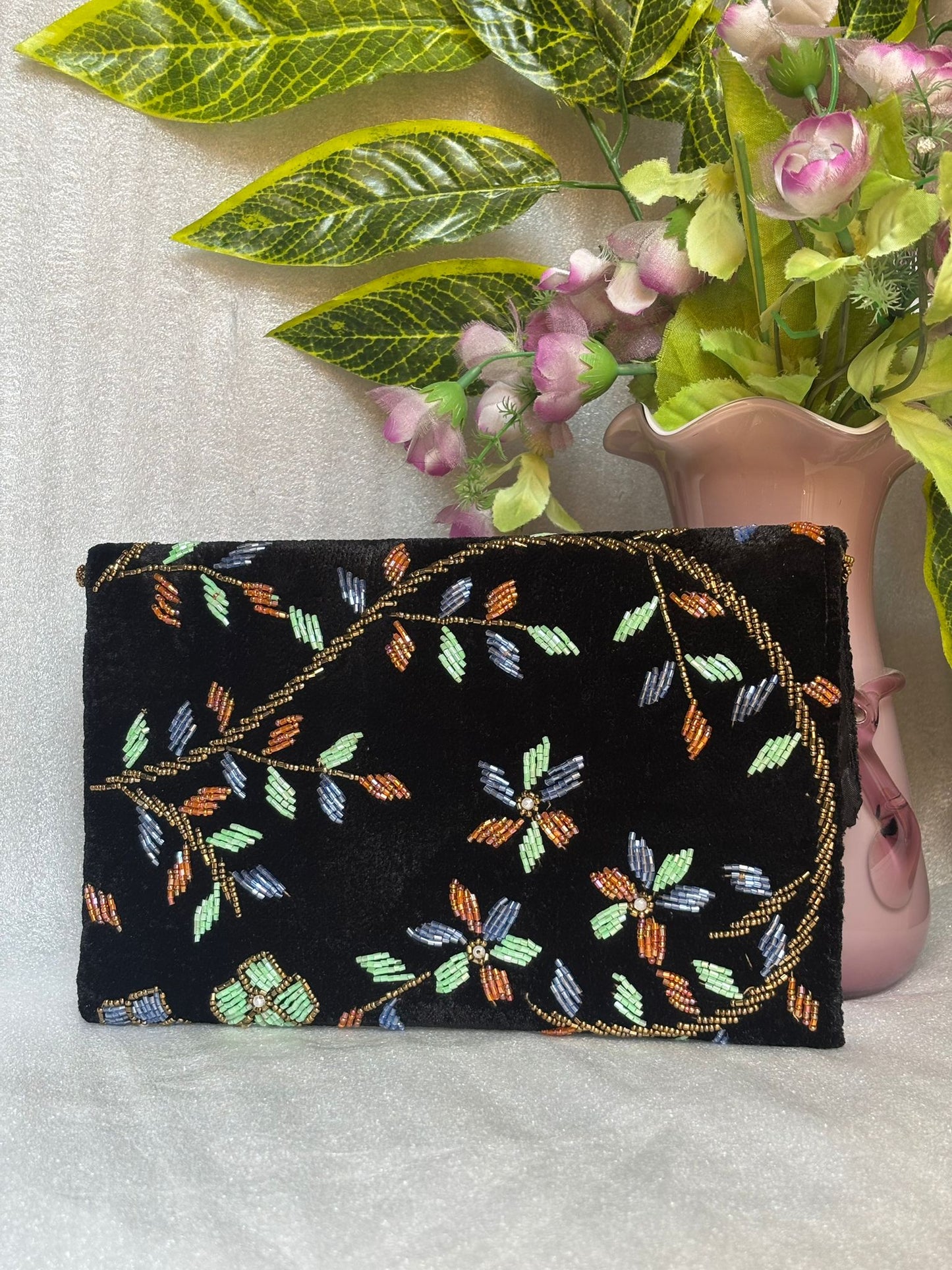 Velvet Beaded Hand-Embroidered Festive Bag with Fixed Shoulder Chain & Dual Closure