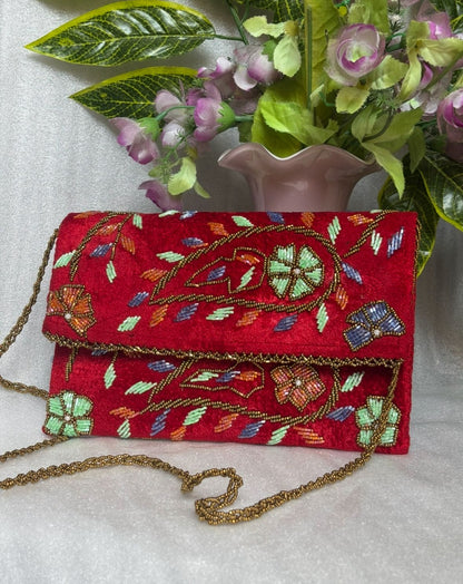 Velvet Beaded Hand-Embroidered Festive Bag with Fixed Shoulder Chain & Dual Closure