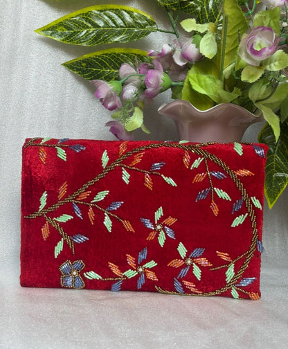 Velvet Beaded Hand-Embroidered Festive Bag with Fixed Shoulder Chain & Dual Closure