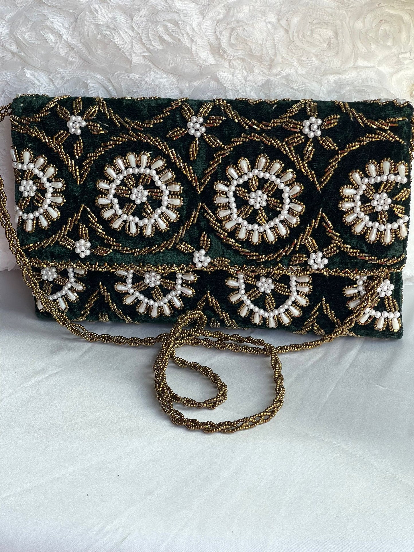 Velvet Beaded Hand-Embroidered Festive Bag with Fixed Shoulder Chain & Dual Closure