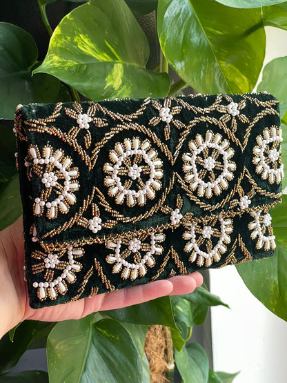 Velvet Beaded Hand-Embroidered Festive Bag with Fixed Shoulder Chain & Dual Closure