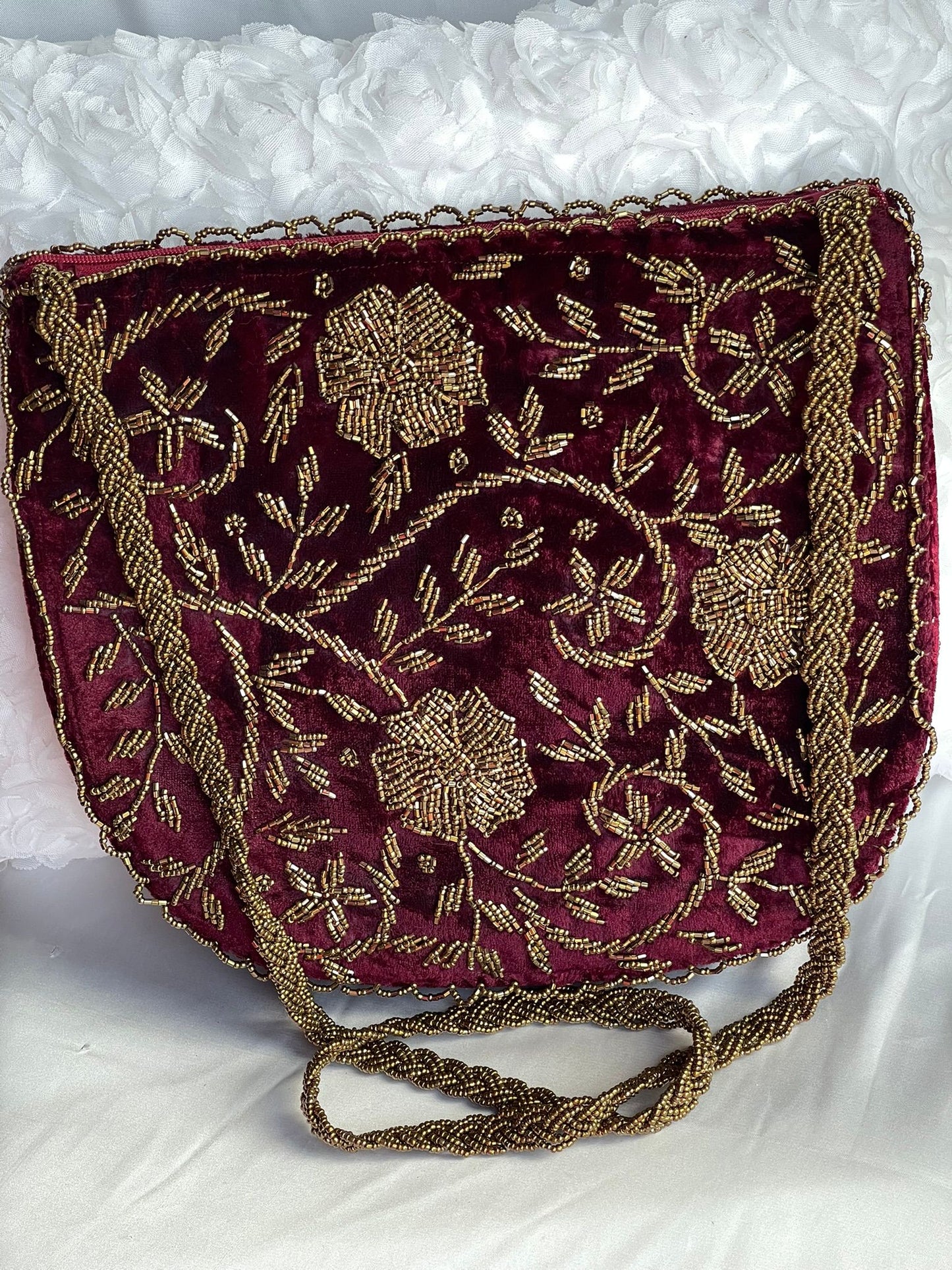 Velvet Beaded Hand-Embroidered Festive Bag with Fixed Shoulder Chain & Dual Closure