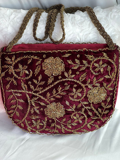 Velvet Beaded Hand-Embroidered Festive Bag with Fixed Shoulder Chain & Dual Closure