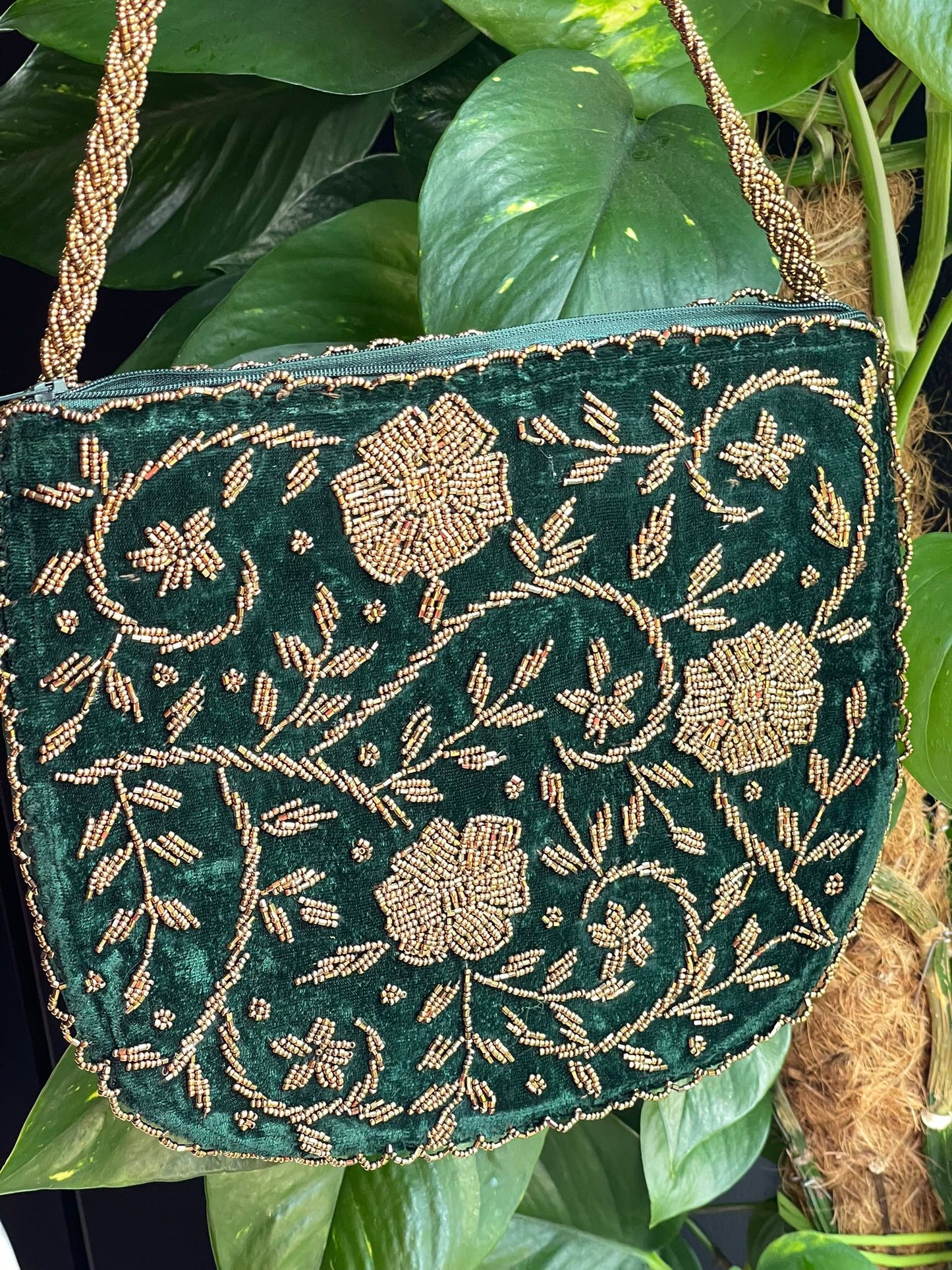 Velvet Beaded Hand-Embroidered Festive Bag with Fixed Shoulder Chain & Dual Closure