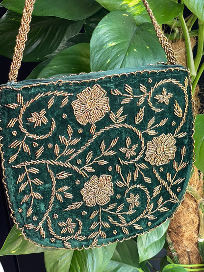 Velvet Beaded Hand-Embroidered Festive Bag with Fixed Shoulder Chain & Dual Closure
