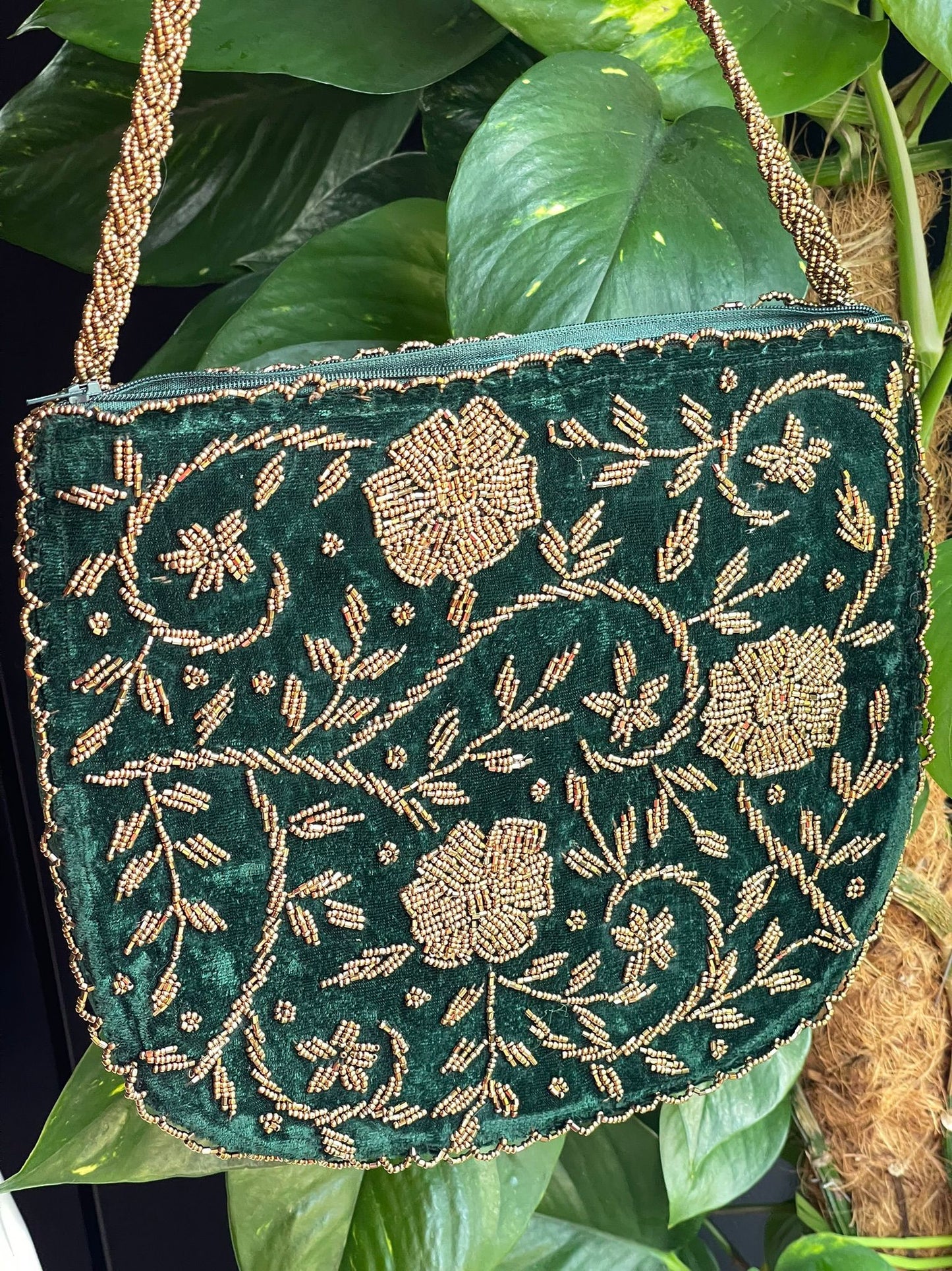 Velvet Beaded Hand-Embroidered Festive Bag with Fixed Shoulder Chain & Dual Closure