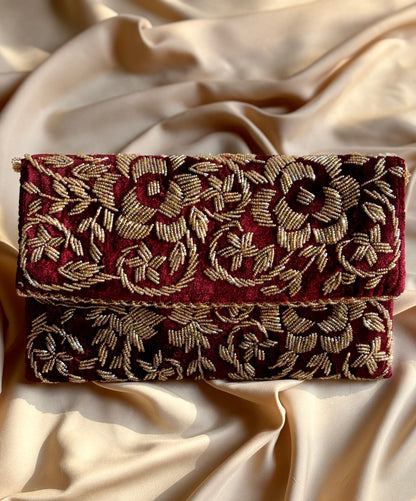 Velvet Beaded Hand-Embroidered Festive Bag with Fixed Shoulder Chain & Dual Closure