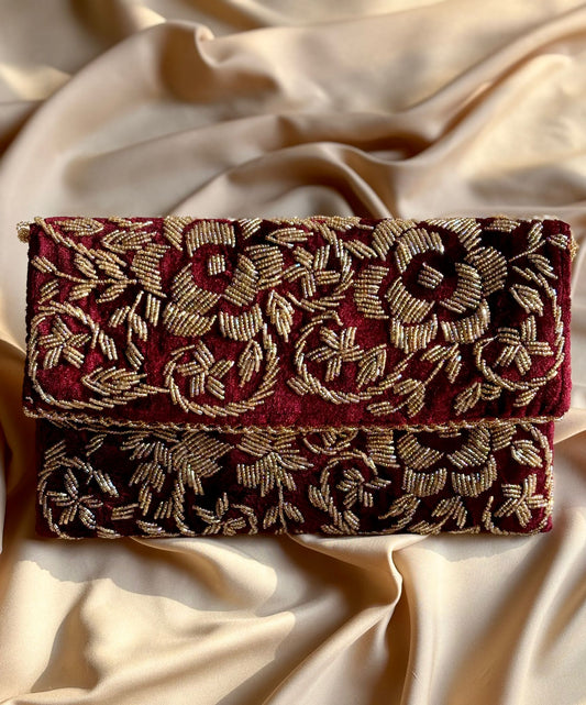 Velvet Beaded Hand-Embroidered Festive Bag with Fixed Shoulder Chain & Dual Closure