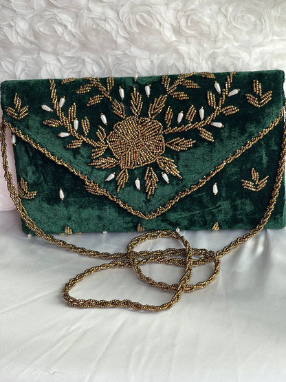 Velvet Beaded Hand-Embroidered Festive Bag with Fixed Shoulder Chain & Dual Closure