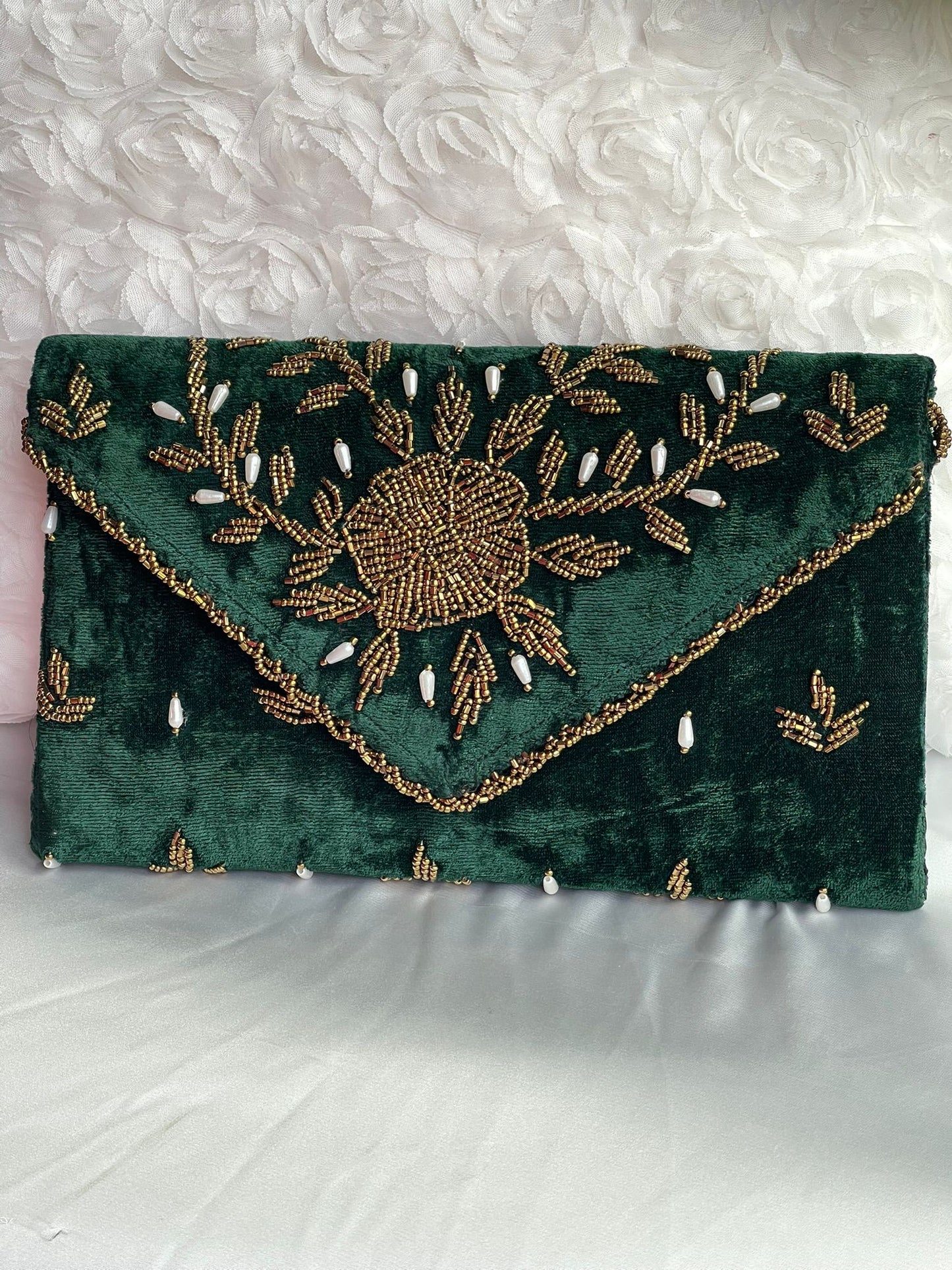 Velvet Beaded Hand-Embroidered Festive Bag with Fixed Shoulder Chain & Dual Closure