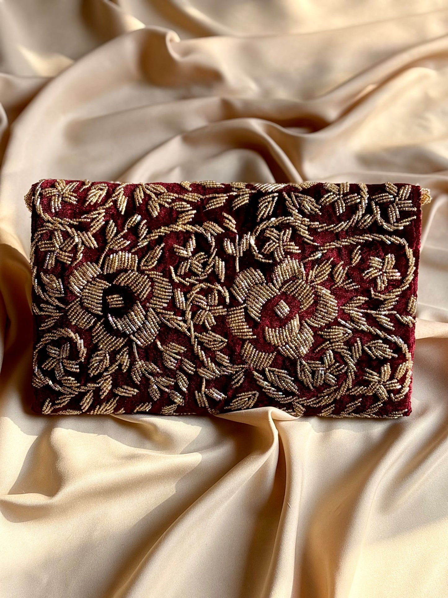 Velvet Beaded Hand-Embroidered Festive Bag with Fixed Shoulder Chain & Dual Closure