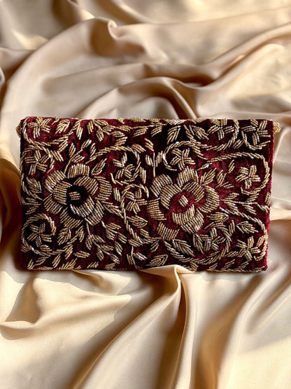 Velvet Beaded Hand-Embroidered Festive Bag with Fixed Shoulder Chain & Dual Closure