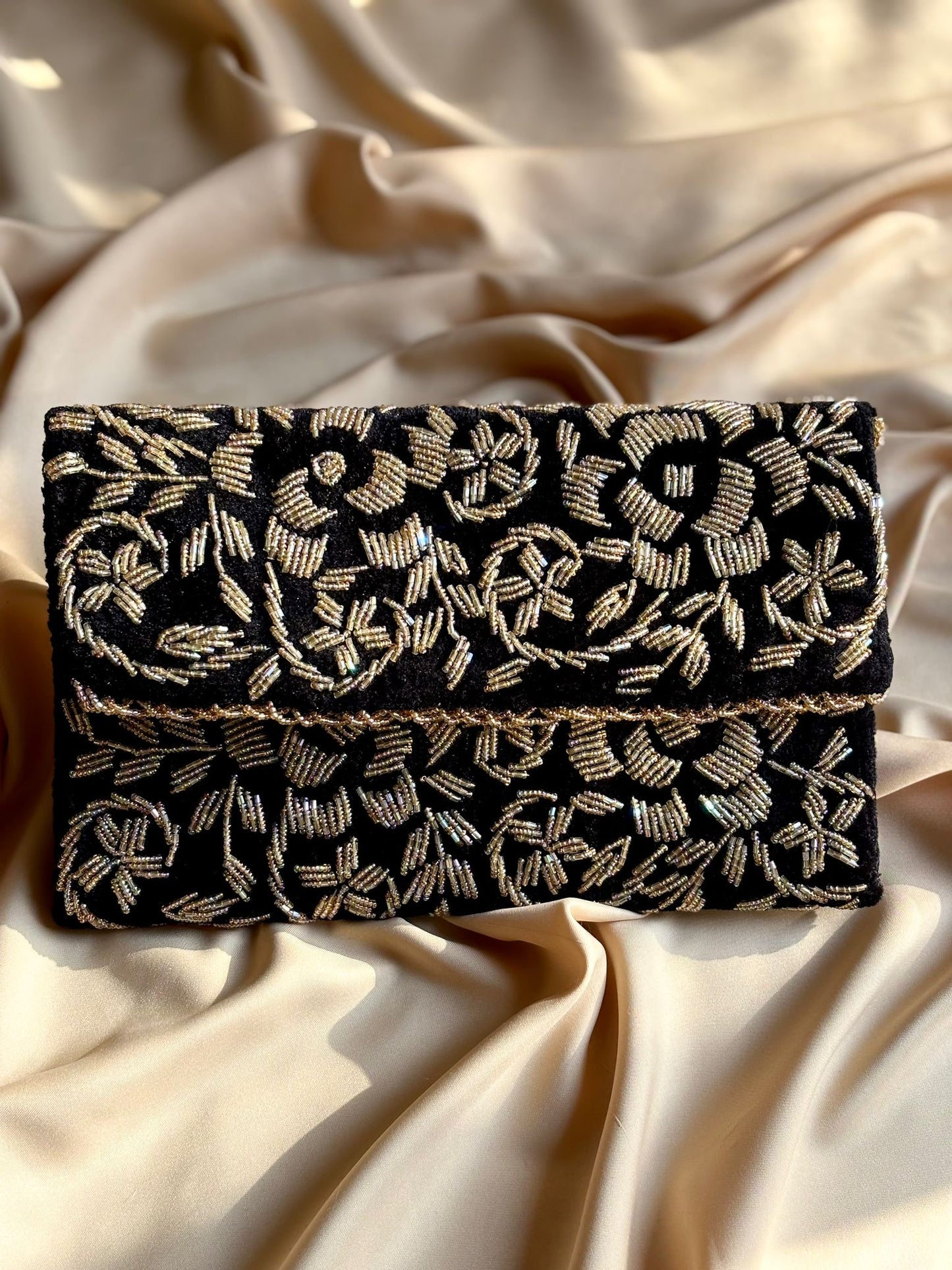 Velvet Beaded Hand-Embroidered Festive Bag with Fixed Shoulder Chain & Dual Closure