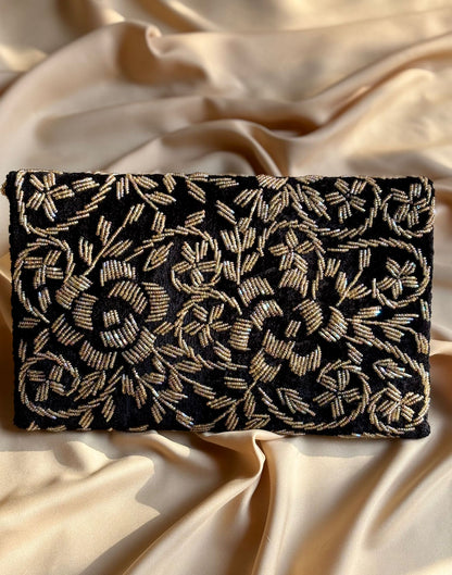 Velvet Beaded Hand-Embroidered Festive Bag with Fixed Shoulder Chain & Dual Closure