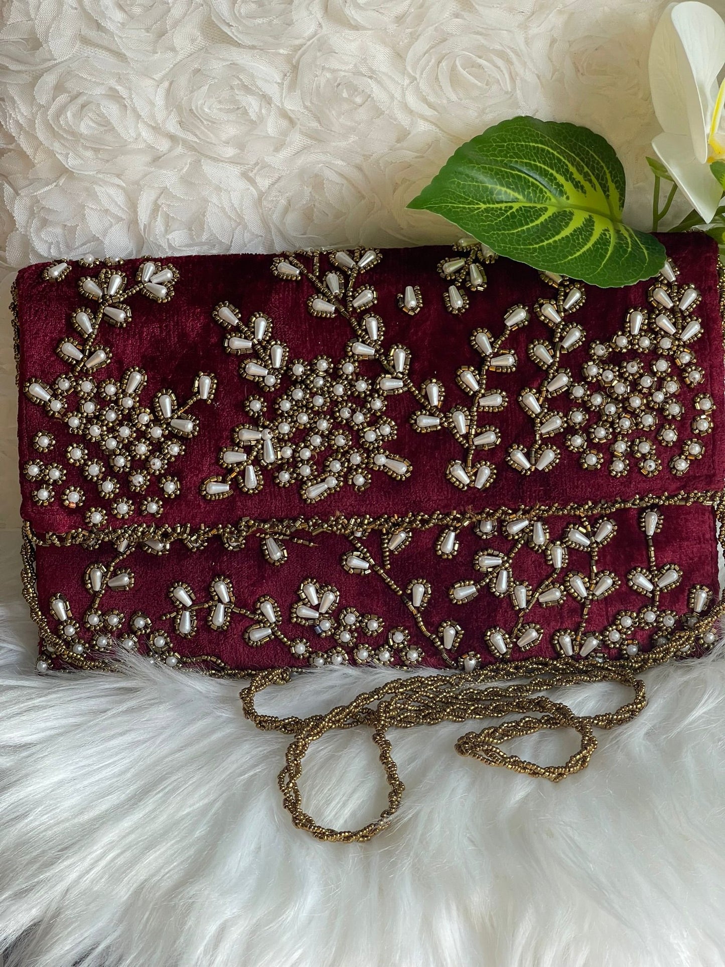 Velvet Beaded Hand-Embroidered Festive Bag with Fixed Shoulder Chain & Dual Closure