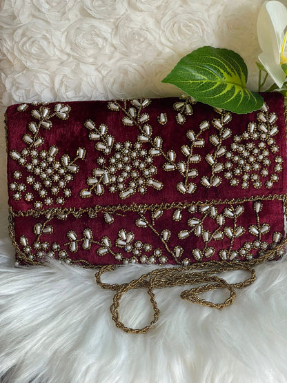 Velvet Beaded Hand-Embroidered Festive Bag with Fixed Shoulder Chain & Dual Closure