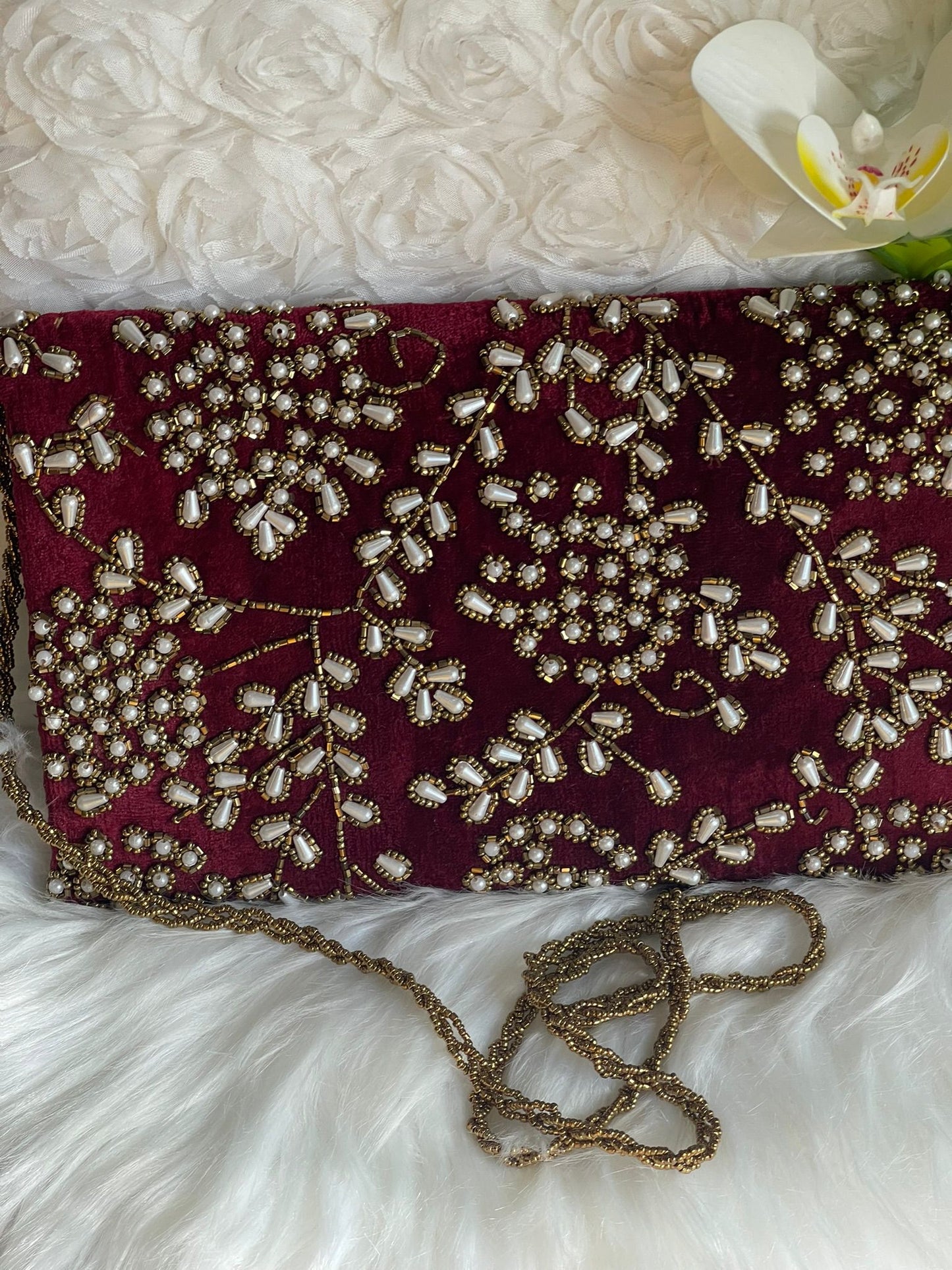 Velvet Beaded Hand-Embroidered Festive Bag with Fixed Shoulder Chain & Dual Closure
