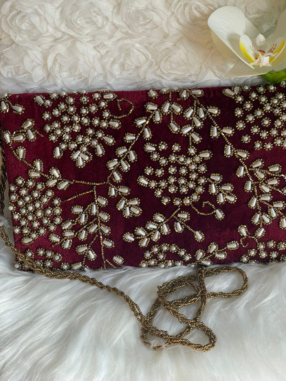 Velvet Beaded Hand-Embroidered Festive Bag with Fixed Shoulder Chain & Dual Closure