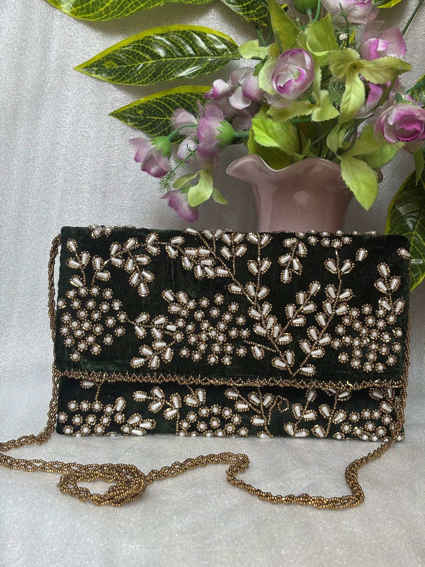 Velvet Beaded Hand-Embroidered Festive Bag with Fixed Shoulder Chain & Dual Closure