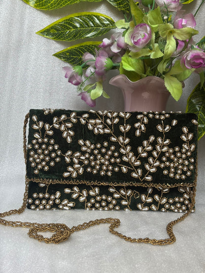 Velvet Beaded Hand-Embroidered Festive Bag with Fixed Shoulder Chain & Dual Closure