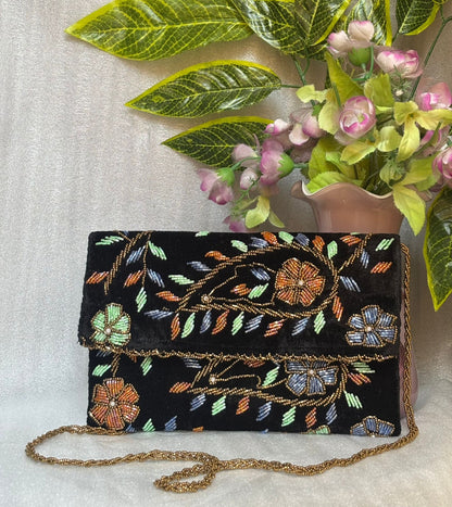 Velvet Beaded Hand-Embroidered Festive Bag with Fixed Shoulder Chain & Dual Closure